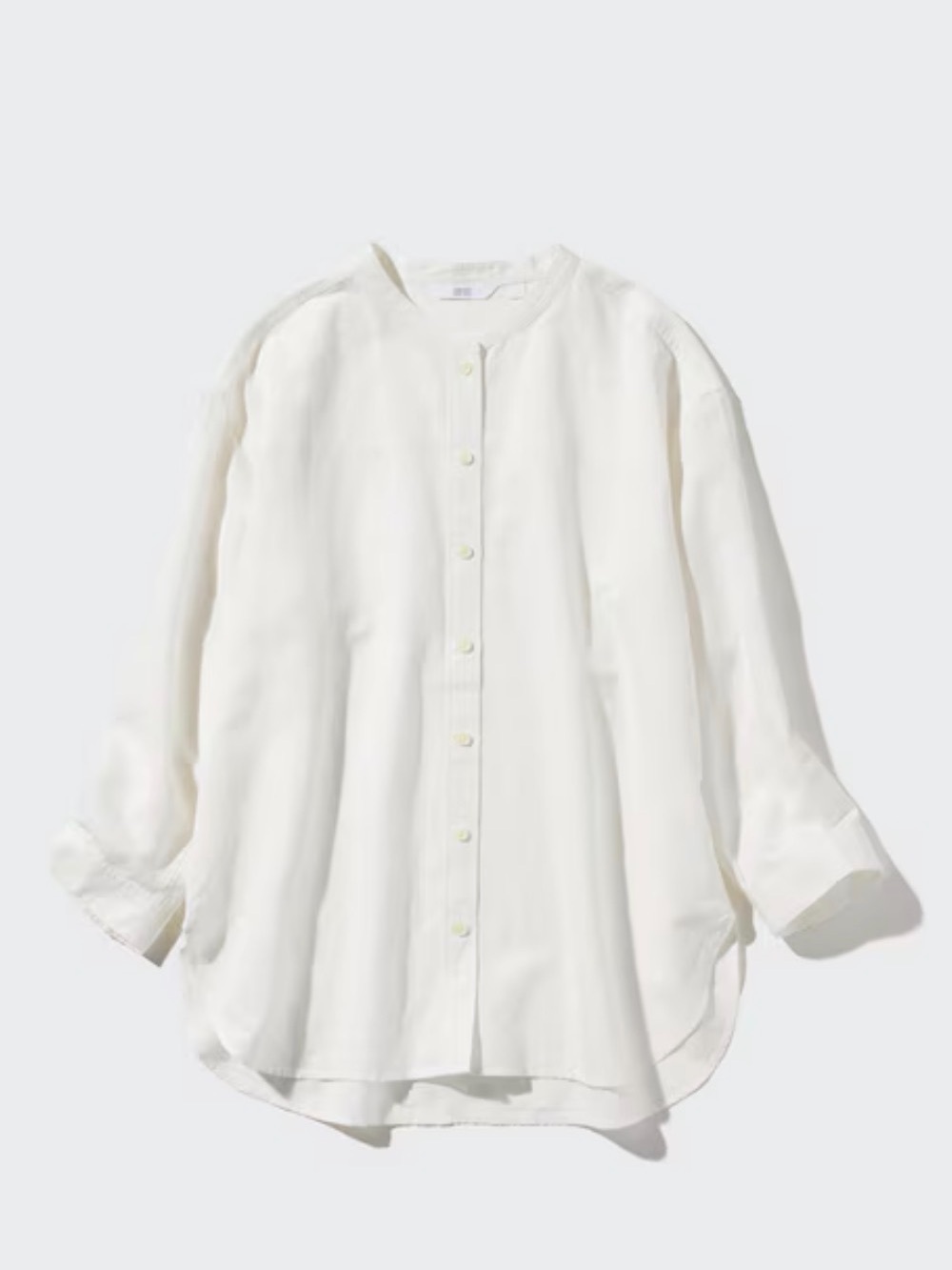 Uniqlo Linen Blend Band Collar 3/4-Sleeve Button-down Shirt in Off-White Size M
